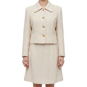 Bosch White Beige Cream Gold Button Luxury Regal Tweed Skirt Suit size 6 / L
